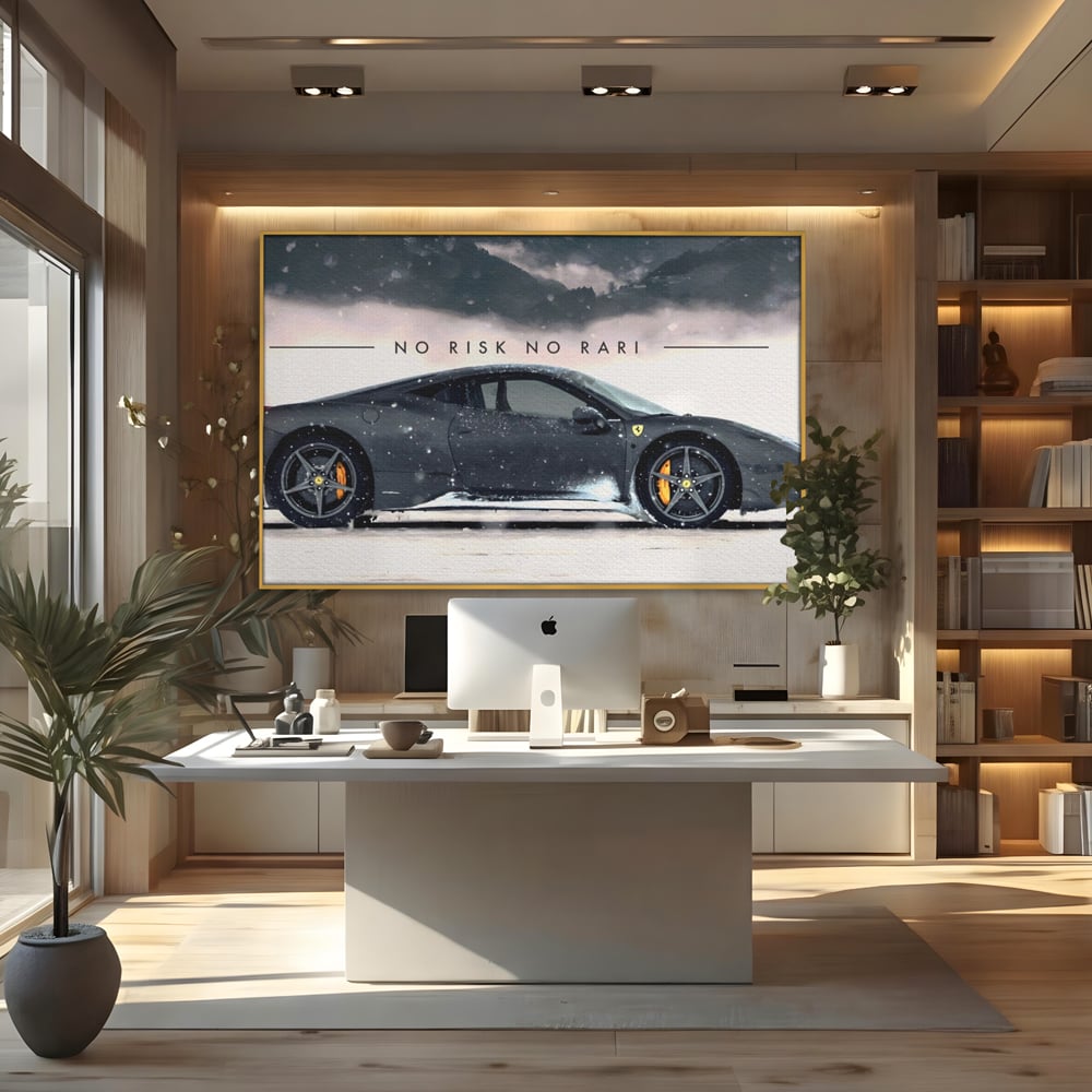 Tablou canvas cu tablou canvas cu masina ferrari pe zapada, in rama de aluminiu auriu, pe perete intr-un birou